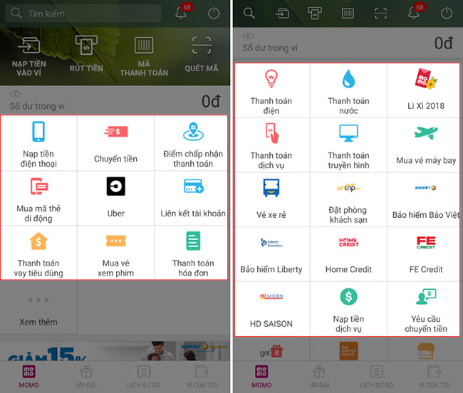 C&aacute;c tiện &iacute;ch cơ bản tr&ecirc;n v&iacute; điện tử Momo
